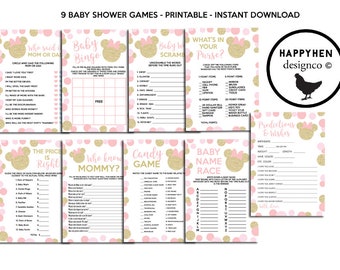 Minnie Baby Shower Games Digital 5x7 Pink Gold Glitter Sprinkle Themed Bundle Set Printable Instant Download