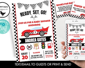 Editable Racecar Baby Shower Invitation Invite Sprinkle Digital Bundle Set 5x7 Race Car Boy Speedway Nascar Instant Download Template