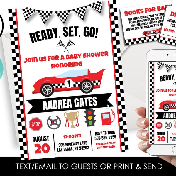 Editable Racecar Baby Shower Invitation Invite Sprinkle Digital Bundle Set 5x7 Race Car Boy Speedway Nascar Instant Download Template