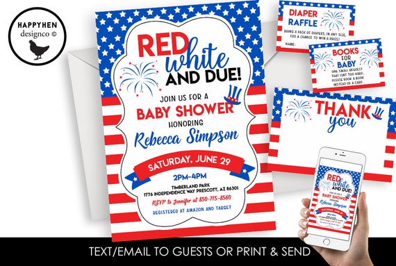 4th of July Baby Shower Invitation Invite Red White Due Sprinkle Fourth  Independence Digital 5x7 Diaper Raffle