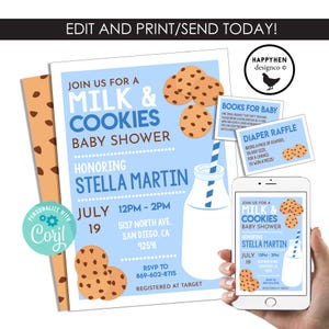 Editable Cookies and Milk Baby Shower Invite Invitation Blue Sprinkle Cookies Digital 5x7 Diaper Raffle Dessert TEMPLATE