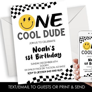 Editable One Cool Dude Invitation 1st Birthday Invite Digital 5x7 Smile Face Checkered Kids Party First