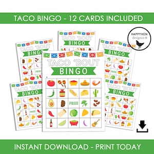 TACO BINGO SPEL afdrukbare digitale Instant Download Party Games Kids Fiesta Cinco De Mayo spel 8.5 x 11 set bundel