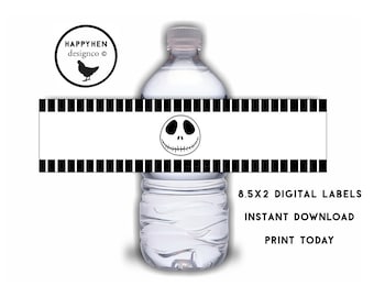 May include: Printable water bottle labels featuring a black and white illustration of Jack Skellington from The Nightmare Before Christmas. The labels are 8.5 x 2 inches and are for instant download.  Print today!