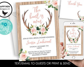 Editable Deer Bridal Shower Invitation Invite Digital 5x7 Watercolor Hunt is Over Engagement Floral Antlers