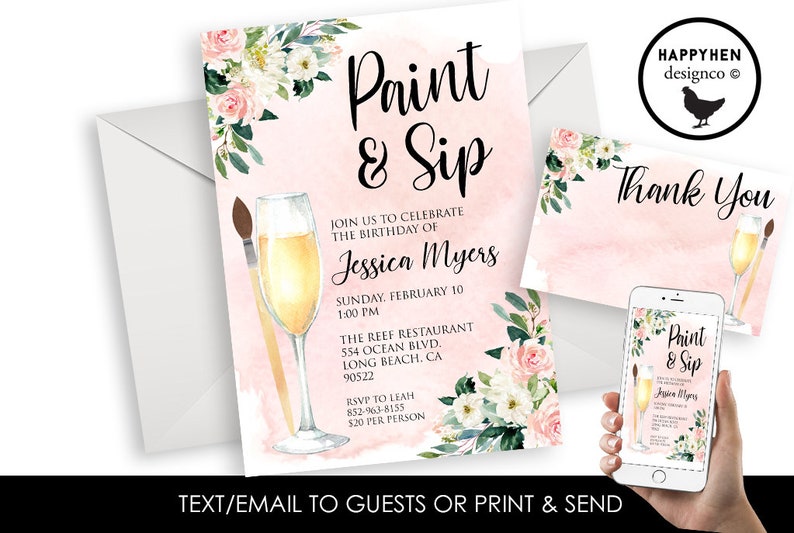 Paint Sip Invitation Invite Watercolor Champagne Digital Party Etsy