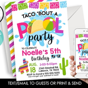 以下が含まれることがあります： ノエルの5歳の誕生日を祝う「タコ 'Bout a Pool Party」のカラフルな招待状。招待状には、タコス、ビーチボール、サボテンが描かれています。パーティーは8月18日午後3時から5時まで、2340 Baseball Rd. Lubbock, TX 78641で開催されます。ケンドラに555-555-5555までRSVPしてください。水着とタオルをお忘れなく！