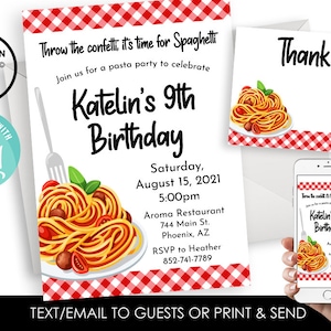 Editable Spaghetti Birthday Invitation Invite Digital 5x7 Pasta Kids ANY AGE Italian Food Meatballs
