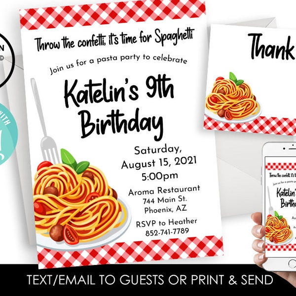 Editable Spaghetti Birthday Invitation Invite Digital 5x7 Pasta Kids ANY AGE Italian Food Meatballs