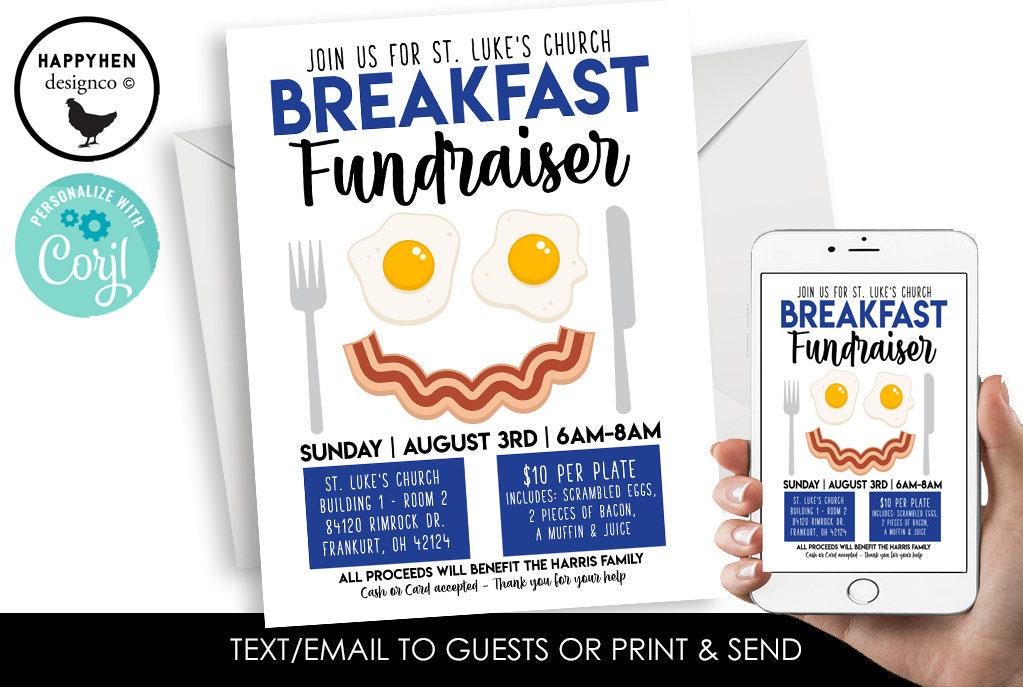 Editable Breakfast Fundraiser Flyer Template Invitation Digital 8.5x11 Church Work Event School Brunch