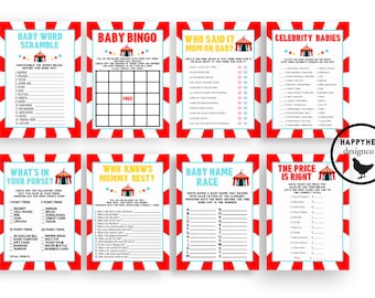 May include: A set of ten printable baby shower game cards with a circus theme. The cards feature red and white striped backgrounds with a blue and yellow tent graphic. The game titles include "Baby Word Scramble", "Baby Bingo", "Who Said It Mom or Dad?!", "Celebrity Babies", "What's in Your Purse?", "Who Knows Mommy Best?", "Baby Name Race", and "The Price is Right".
