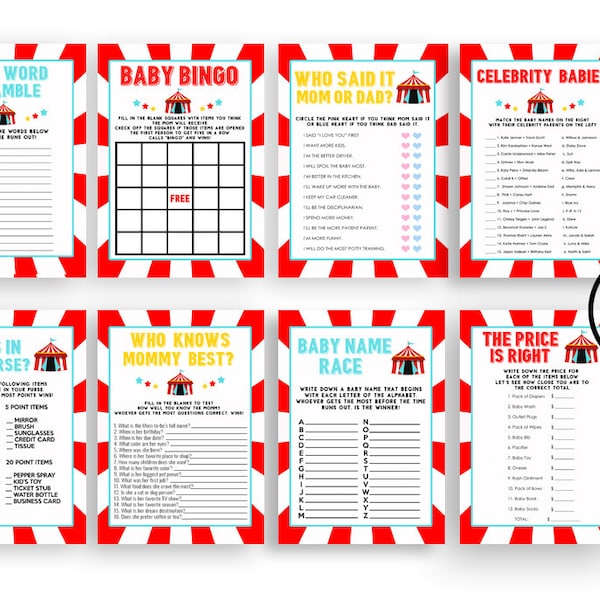 Circus Baby Shower Games Carnival Game Digital 5x7 Printable Instant Download Sprinkle Package Bundle