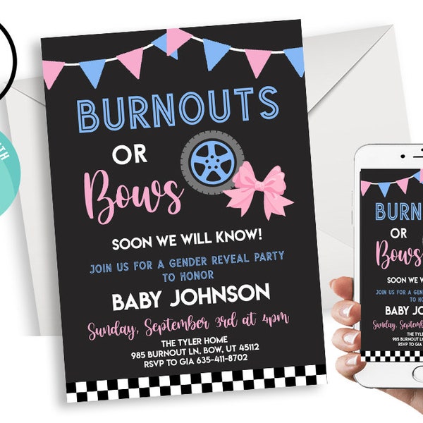 Editable Burnouts or Bows Gender Reveal Invitation Invite Party Digital 5x7 Pink Blue