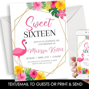 Editable Sweet Sixteen Luau Invitation Invite 16th 16 Aloha Hawaiian Flamingo Summer Digital 5x7 Kids Girls