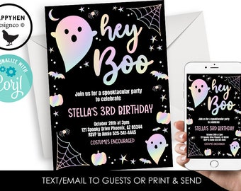 Editable Halloween Pastel Ghost Birthday Invitation Hey Boo Girly Cute Ghost Invite Birthday Party Spooktacular Halloween Party