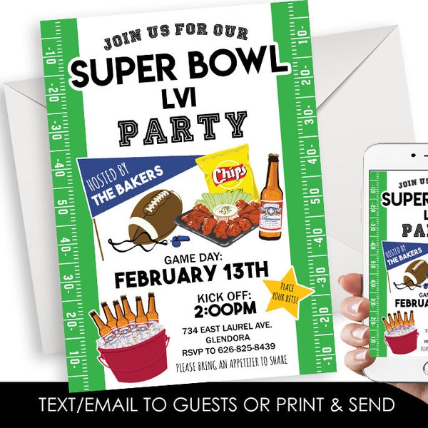 Editable Superbowl Invite Invitation Digital 5x7 Football Game Super Bowl Green Sports Allstar Championship