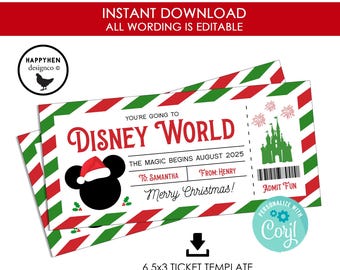 Christmas Disneyworld Trip Ticket Gift Reveal Surprise Printable Going to EDITABLE Digital Idea Family Kids 6.5x3 INSTANT DOWNLOAD