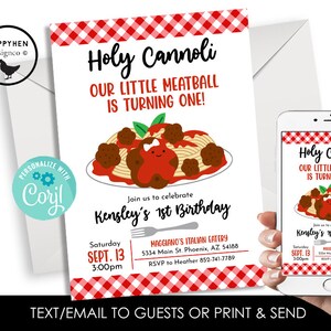 Editable Meatball Invitation Girls 1st Birthday Invite Digital 5x7 Template Instant Download Red Spaghetti