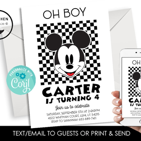 Editable Mickey Mouse Birthday Invite Invitation Retro Vintage Digital 5x7 Checkered Template Party Kids
