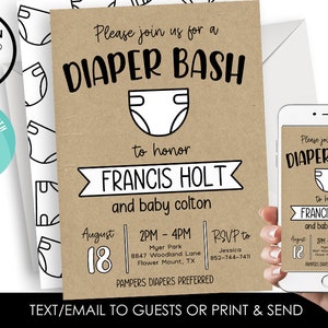 Editable Diaper Shower Invitation Invite Party Bash Digital 5x7 Modern Simple Black White Baby Sprinkle