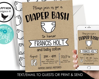 Editable Diaper Shower Invitation Invite Party Bash Digital 5x7 Modern  Simple Black White Baby Sprinkle