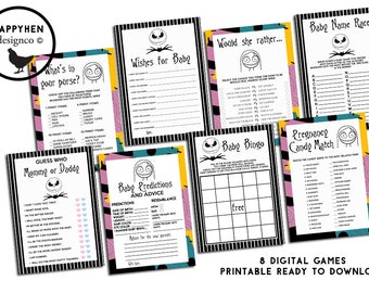 Paquete de juegos para baby shower de pesadillas de Halloween, imprimible digital de Jack Sally para Navidad, descarga instantánea