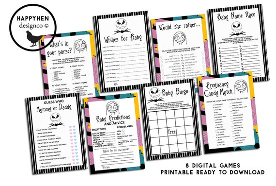 Nightmare Halloween Baby Shower Games Bundle Digital Jack Sally Christmas Printable Instant Download