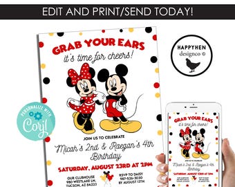May include: A white invitation with Mickey and Minnie Mouse illustrations, featuring the text "GRAB YOUR EARS it's time for cheers!" and details for a birthday party. The invitation is held next to a phone displaying the same design.
