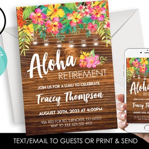 Editable Aloha Retirement Invite Invitation Digital Wood Watercolor Luau Party Reception 5x7 Hawaiian