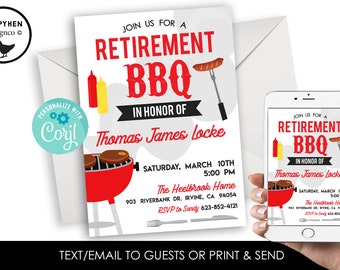 Editable Retirement BBQ Invitation Invite Digital 5x7 Men Grill Chill Beers Backyard Cookout Picnic Party Retired