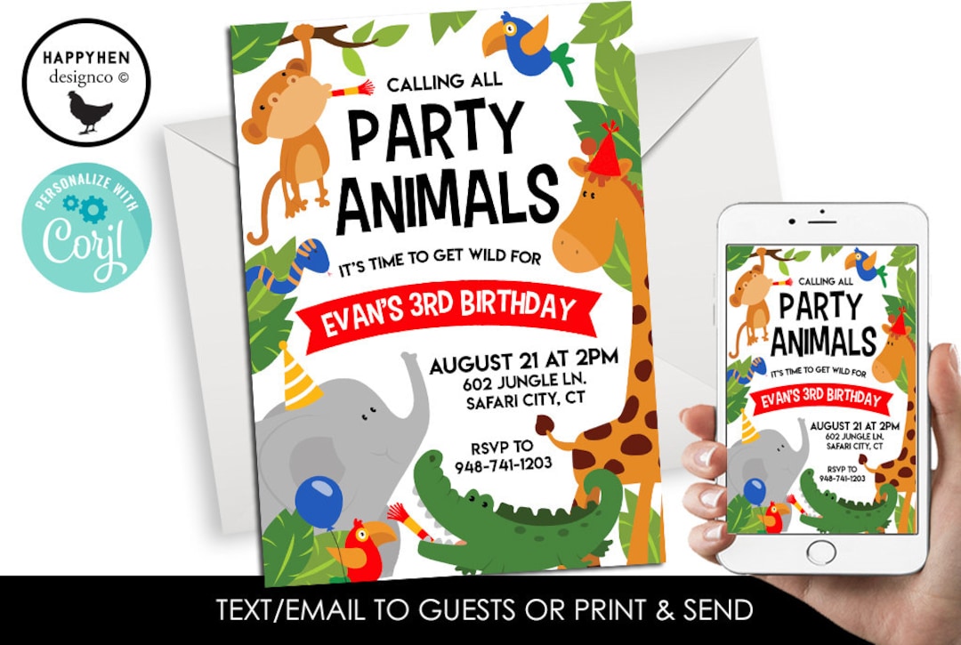 Party Animal Invitation Safari Editable Invite 5x7 Digital Kids ANY AGE ...
