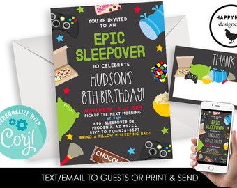 Editable Sleepover Invitation Boys Invite Birthday Party Digital 5x7 Chalkboard Slumber Party Epic Campout Camp