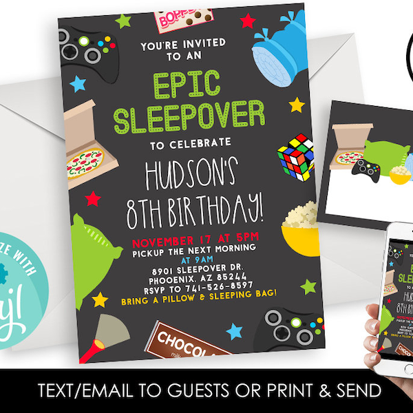 Editable Sleepover Invitation Boys Invite Birthday Party Digital 5x7 Chalkboard Slumber Party Epic Campout Camp