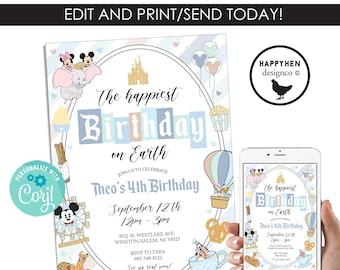 Editable Disneyland Birthday Invitation Party Kids Blue Invite Digital Instant Download 5x7 Template