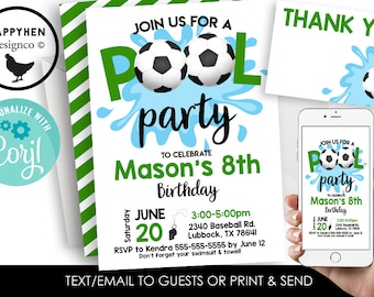 Soccer Pool Party Invite Invitation Editable Digital 5x7 Birthday Kids Futbol Boys Green Splash Party