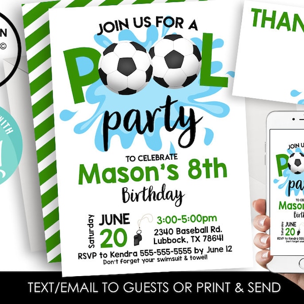 Editable Soccer Pool Party Invite Invitation Digital 5x7 Birthday Kids Futbol Boys Green Splash Party