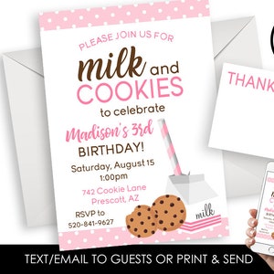 Milk and Cookies Invite Invitation Girls Pink Digital Birthday 5x7 Cookie Chocolate Chip ANY AGE