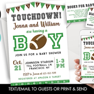 Editable Football Baby Shower Invite Invitation Sprinkle BOY Touchdown Digital 5x7 Sports Green Brown