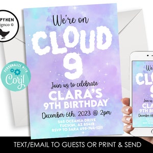 Editable Cloud 9 Birthday Invite Invitation Girls Nine Blue Purple Digital Instant Download 5x7