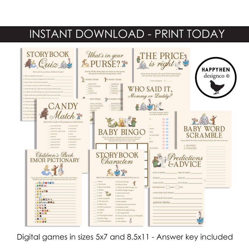May include: A collection of printable baby shower games with a beige background. Games include a quiz, bingo, and word scramble, with illustrations of bears and other characters. Text includes "Instant Download - Print Today".