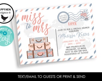 Editable Travel Bridal Shower Invitation Invite Luggage Adventure Party Digital 7x5 Miss to Mrs Journey Begin
