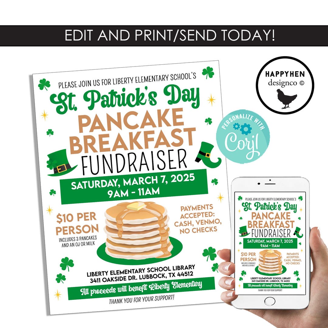 Editable St Patricks Day Pancake Breakfast Fundraiser Template Flyer ...