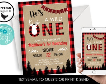 Wild One Lumberjack Invitation Invite EDITABLE Digital 5x7 Deer Christmas 1st First Birthday Plaid Buffalo