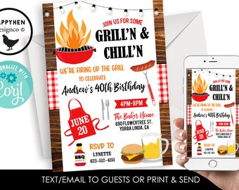 Editable Birthday BBQ Invitation Invite Grill Chill Digital 5x7 Adult ANY AGE Backyard Party Cookout