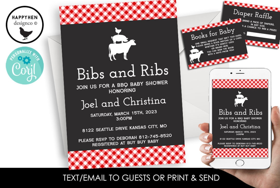 Editable Bibs and Ribs Invitation Baby Shower Invite BBQ Farm Sprinkle