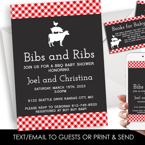 Editable Bibs and Ribs Invitation Baby Shower Invite BBQ Farm Sprinkle Digital Chalkboard Picnic