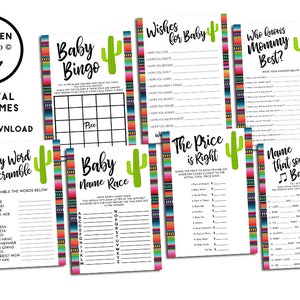 Taco Bout a Baby Shower Games Digital 7 Games Bundle Instant Download Fiesta Serape 5x7 Ready to Print Matching
