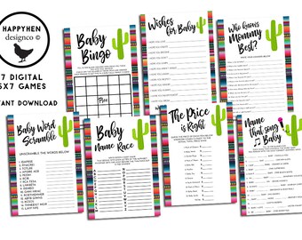Paquete de 7 juegos digitales Taco Bout a Baby Shower, descarga instantánea, Fiesta Serape, 5 x 7, listo para imprimir, a juego