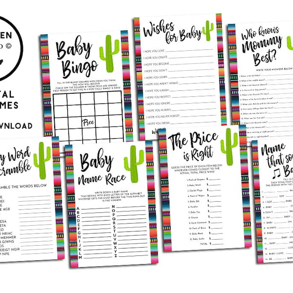Taco Bout a Baby Shower Games Digital 7 Games Bundle Instant Download Fiesta Serape 5x7 Ready to Print Matching