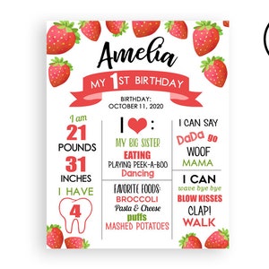 Berry Milestone Chart Digital Strawberry Watercolor Birthday Sign Decor 1st First Kids Party 8x10 11x14 16x20